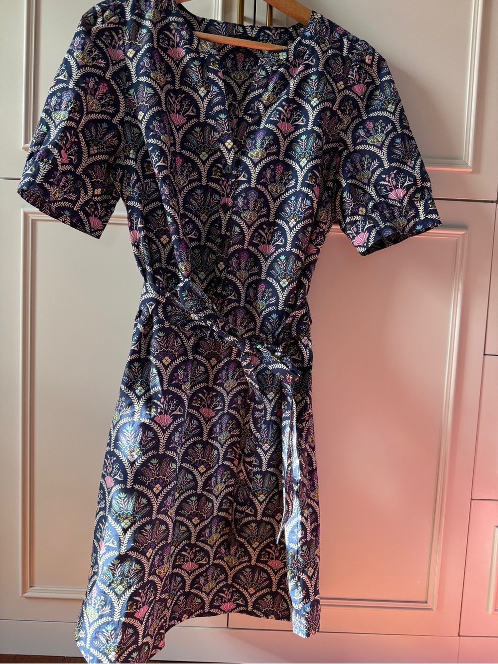 Talbots Navy Scalloped Floral Tie-Waist Wrap Dress